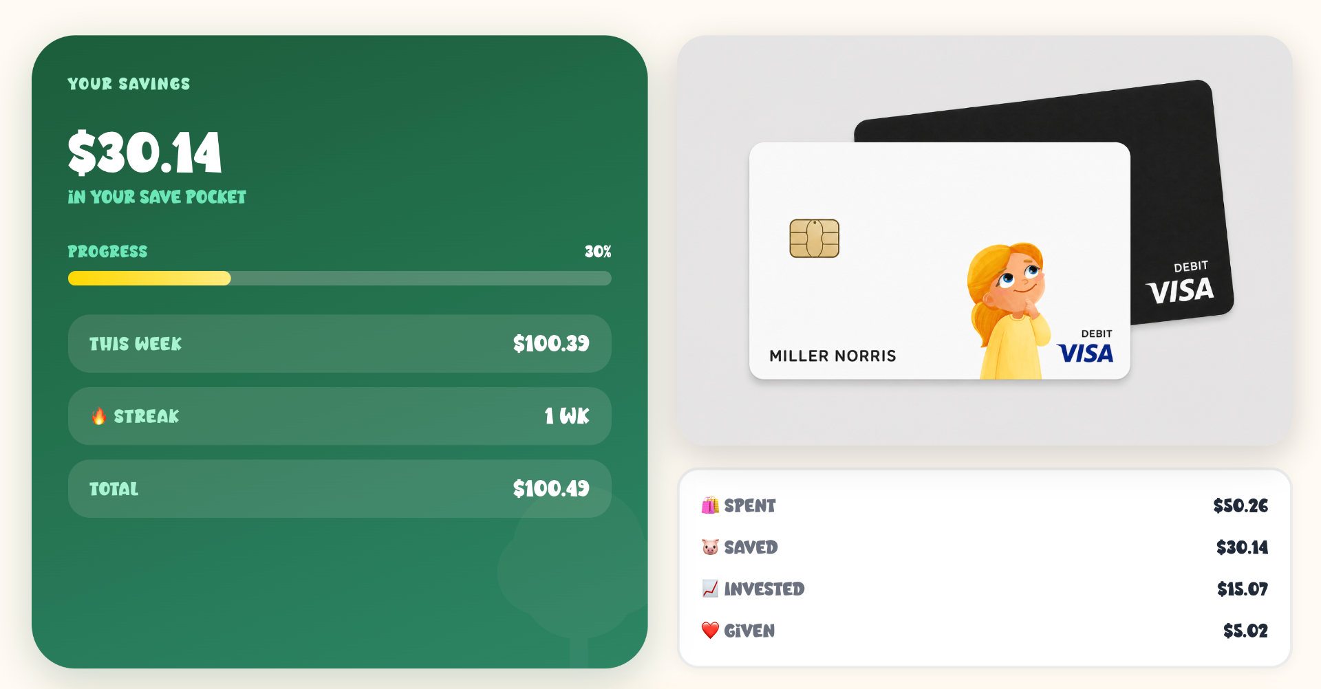 Penny app savings dashboard with kid-friendly debit card, viewed on an iPad